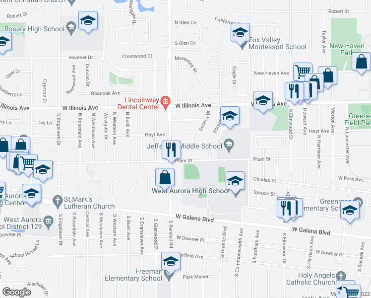 map of restaurants, bars, coffee shops, grocery stores, and more near 1324 Winona Avenue in Aurora