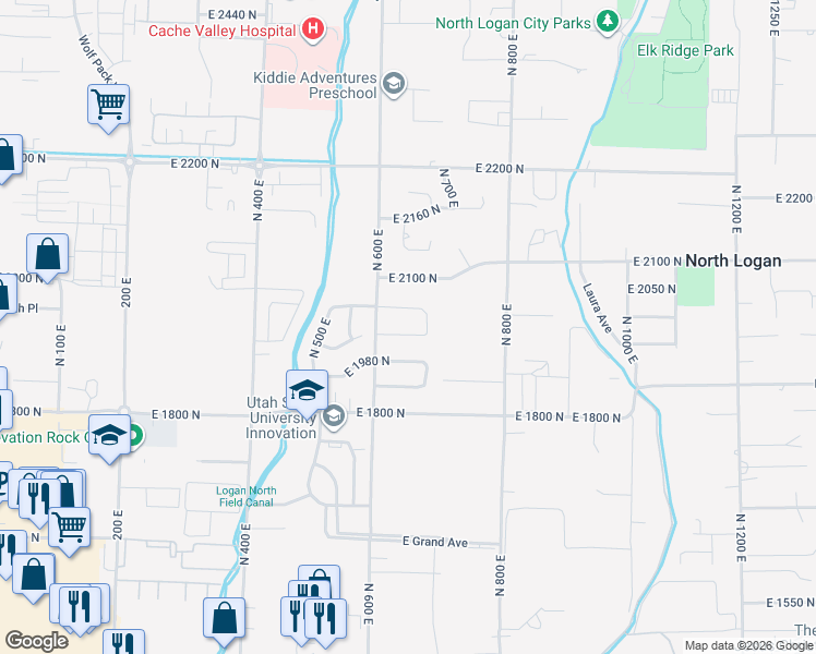 map of restaurants, bars, coffee shops, grocery stores, and more near 673 East 2000 North in North Logan