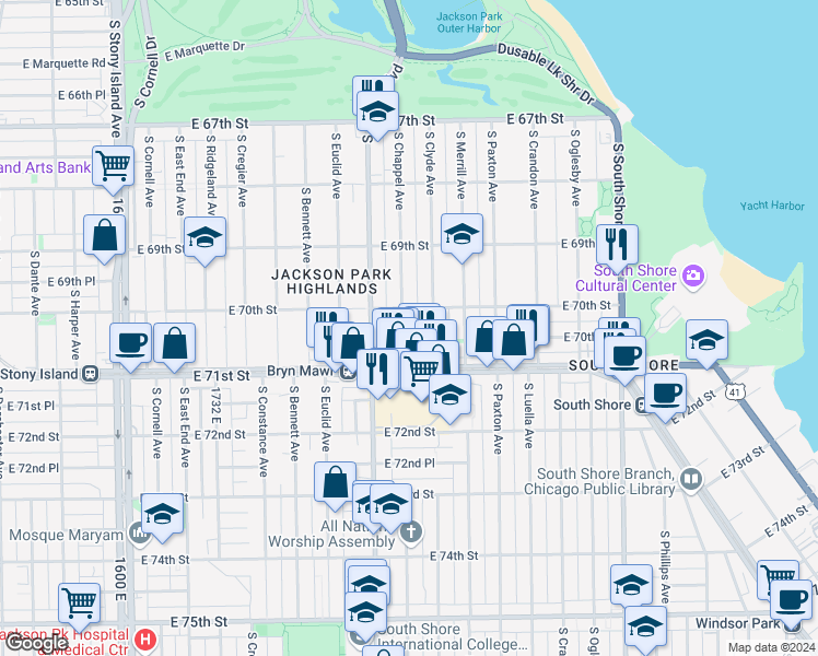 map of restaurants, bars, coffee shops, grocery stores, and more near 7019 South Chappel Avenue in Chicago