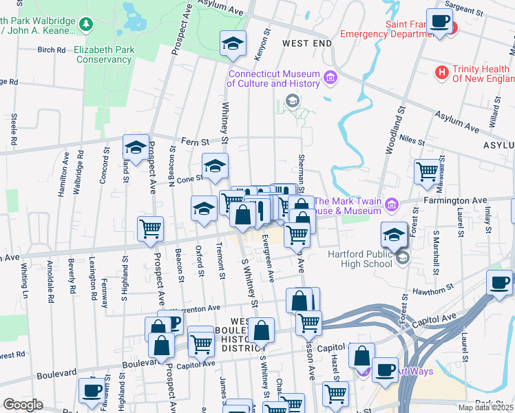 map of restaurants, bars, coffee shops, grocery stores, and more near 28 Kenyon Street in Hartford