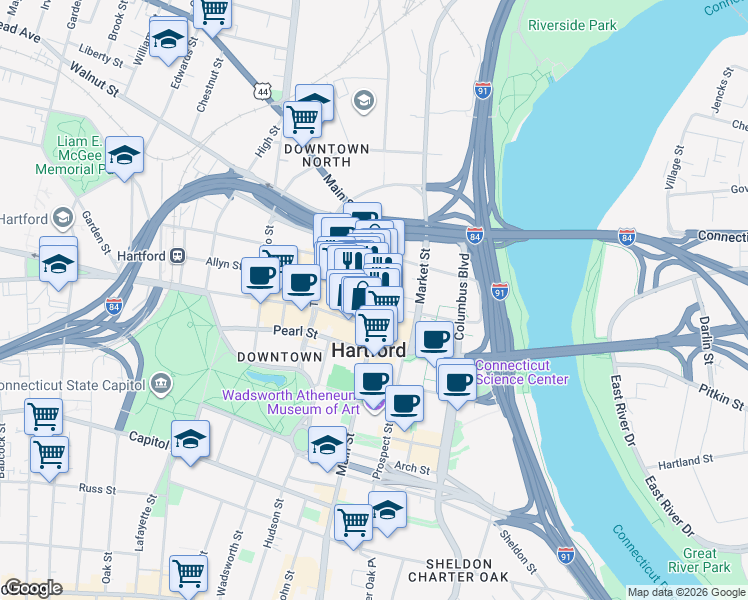 map of restaurants, bars, coffee shops, grocery stores, and more near Main Street & Pratt Street in Hartford