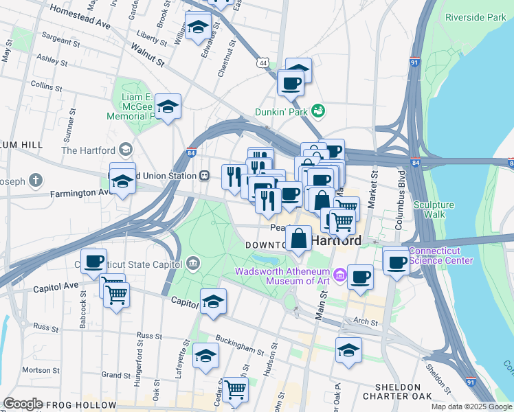 map of restaurants, bars, coffee shops, grocery stores, and more near 275 Asylum Street in Hartford