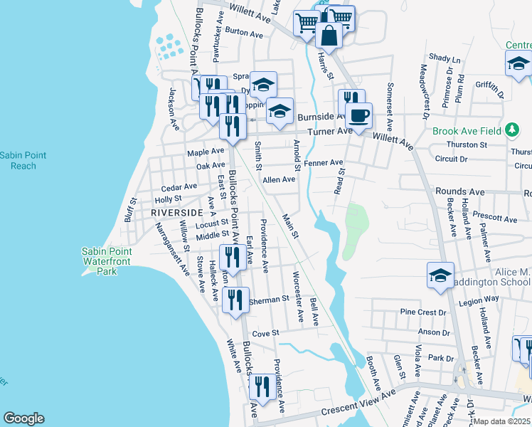 map of restaurants, bars, coffee shops, grocery stores, and more near 10 Providence Avenue in East Providence