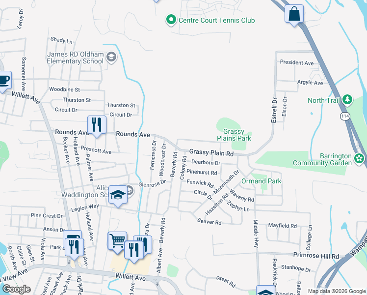 map of restaurants, bars, coffee shops, grocery stores, and more near 18 Grassy Plain Road in East Providence