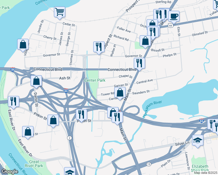 map of restaurants, bars, coffee shops, grocery stores, and more near 67 Garvan Street in East Hartford