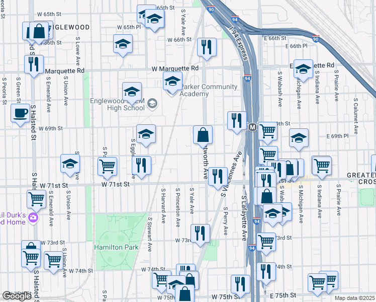 map of restaurants, bars, coffee shops, grocery stores, and more near 6954 South Yale Avenue in Chicago
