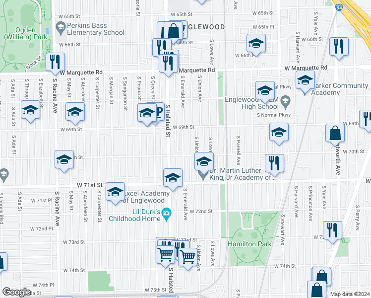 map of restaurants, bars, coffee shops, grocery stores, and more near 6949 South Emerald Avenue in Chicago