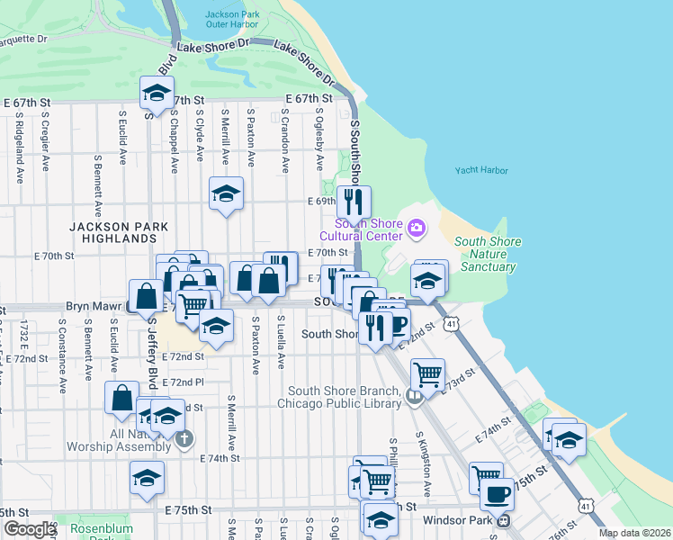 map of restaurants, bars, coffee shops, grocery stores, and more near 2358 East 70th Place in Chicago