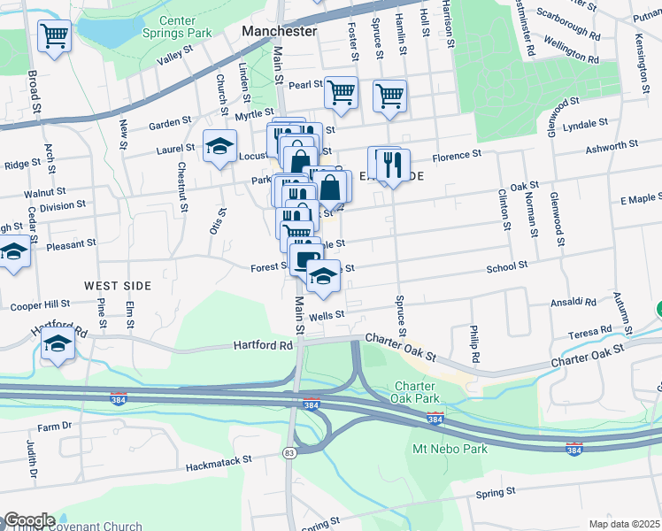 map of restaurants, bars, coffee shops, grocery stores, and more near 29 Eldridge Street in Manchester
