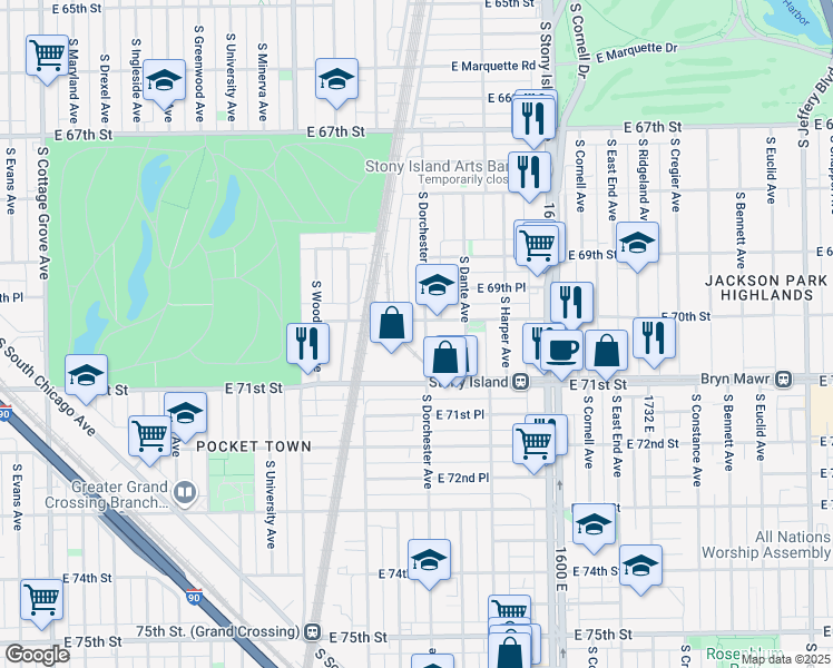 map of restaurants, bars, coffee shops, grocery stores, and more near 7012 South Dorchester Avenue in Chicago