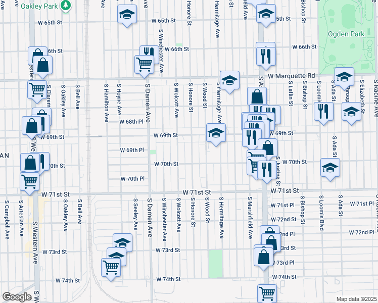 map of restaurants, bars, coffee shops, grocery stores, and more near 6932 South Honore Street in Chicago