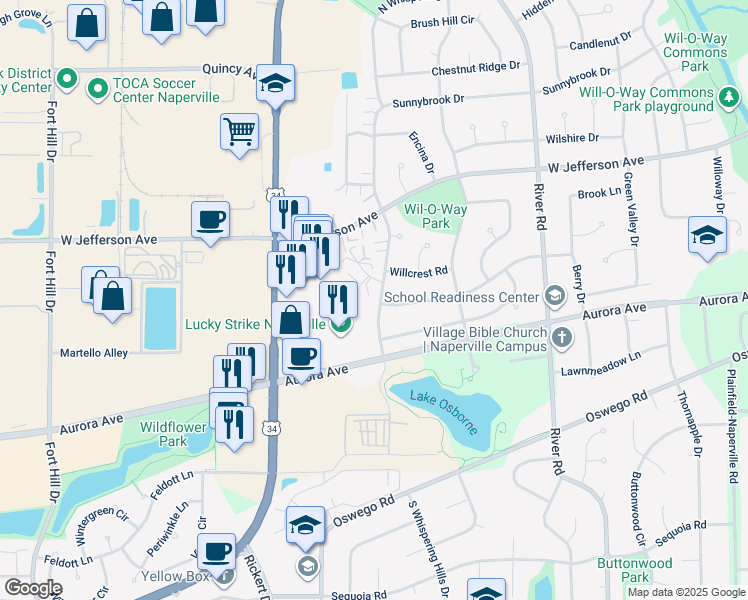 map of restaurants, bars, coffee shops, grocery stores, and more near 401 South Whispering Hills Drive in Naperville