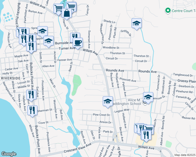map of restaurants, bars, coffee shops, grocery stores, and more near 10 Dels Lane in East Providence