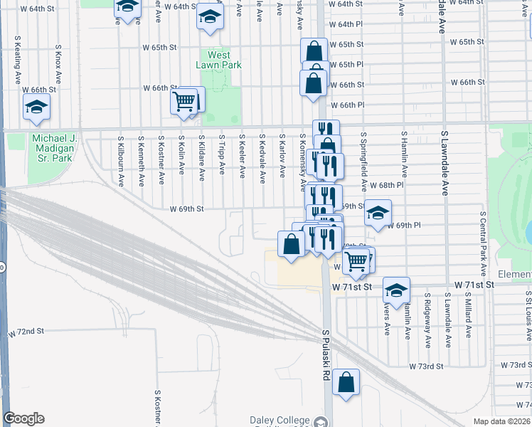 map of restaurants, bars, coffee shops, grocery stores, and more near 4127 West 69th Street in Chicago