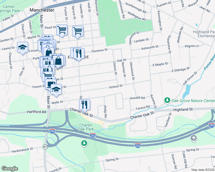 map of restaurants, bars, coffee shops, grocery stores, and more near 189 School St in Manchester