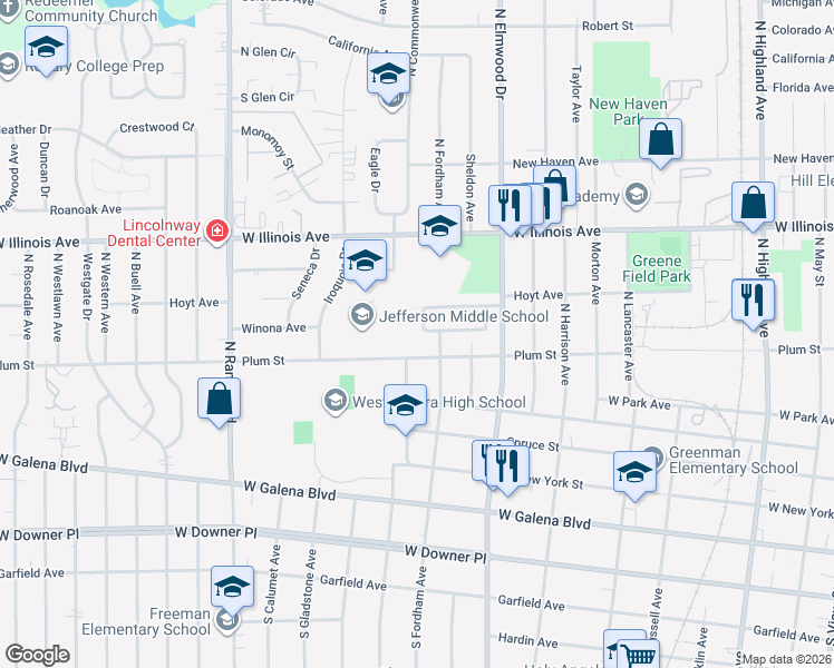 map of restaurants, bars, coffee shops, grocery stores, and more near 520 West Pleasure Court in Aurora