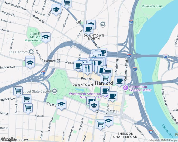 map of restaurants, bars, coffee shops, grocery stores, and more near 221 Trumbull Street in Hartford