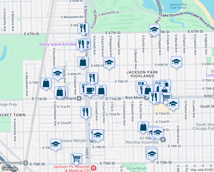 map of restaurants, bars, coffee shops, grocery stores, and more near 7010 South East End Avenue in Chicago