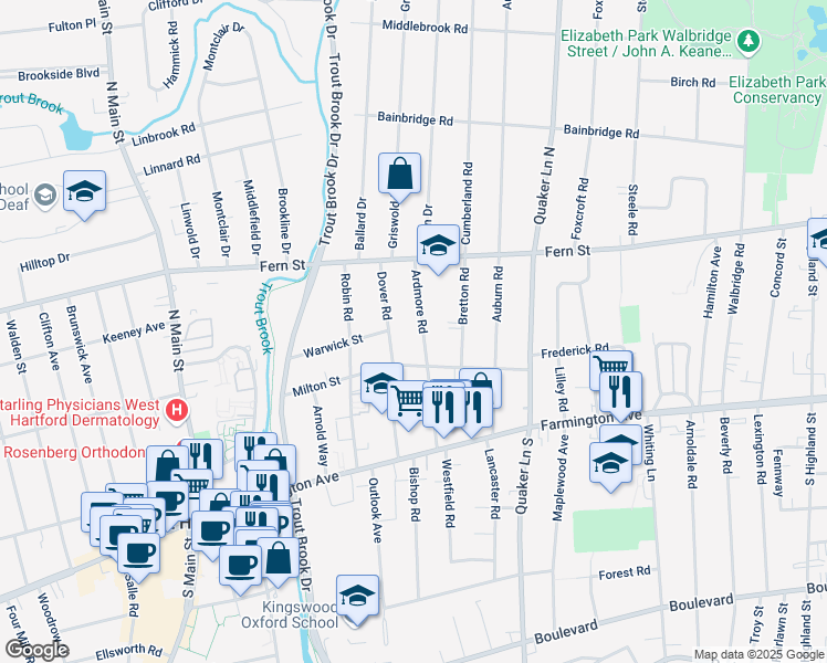 map of restaurants, bars, coffee shops, grocery stores, and more near 97 Ardmore Road in West Hartford