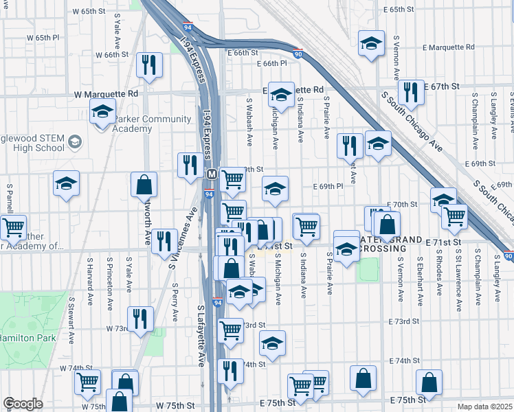 map of restaurants, bars, coffee shops, grocery stores, and more near 54 East 70th Street in Chicago
