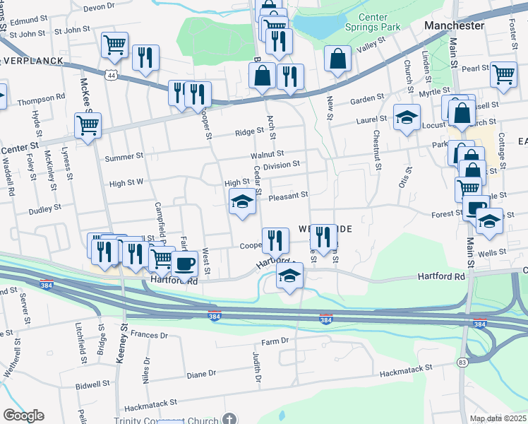 map of restaurants, bars, coffee shops, grocery stores, and more near 95 Cedar Street in Manchester