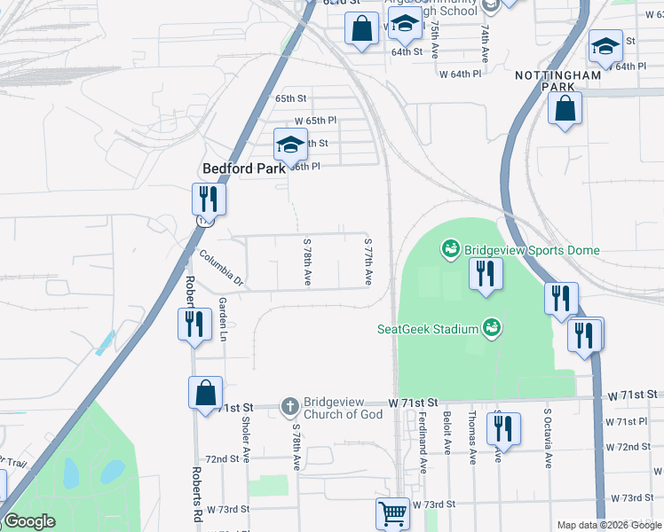 map of restaurants, bars, coffee shops, grocery stores, and more near 6806 Maple Court in Bridgeview