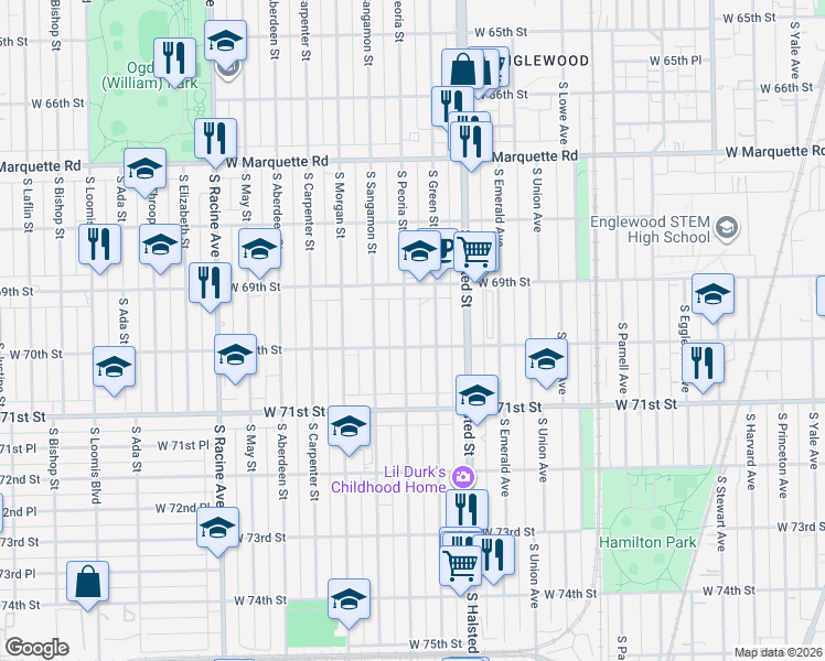 map of restaurants, bars, coffee shops, grocery stores, and more near 6945 South Peoria Street in Chicago
