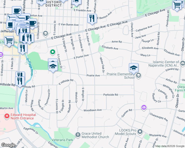 map of restaurants, bars, coffee shops, grocery stores, and more near 729 Prairie Avenue in Naperville