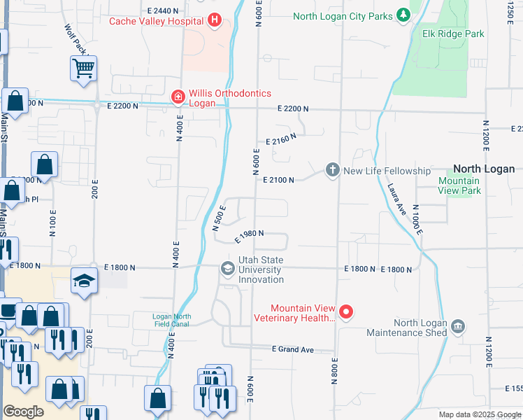 map of restaurants, bars, coffee shops, grocery stores, and more near 575 East 2000 North in North Logan