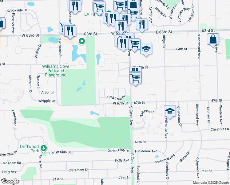 map of restaurants, bars, coffee shops, grocery stores, and more near 1519 Harvest Lane in Westmont