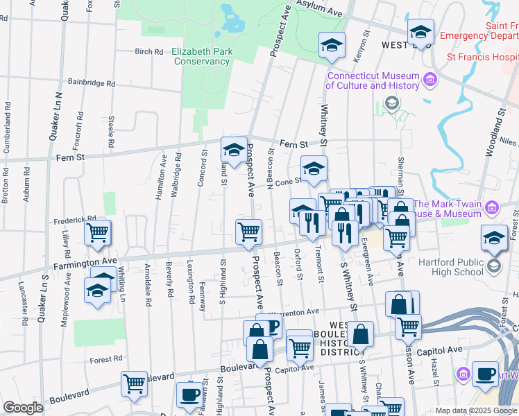 map of restaurants, bars, coffee shops, grocery stores, and more near 49 Beacon Street in Hartford