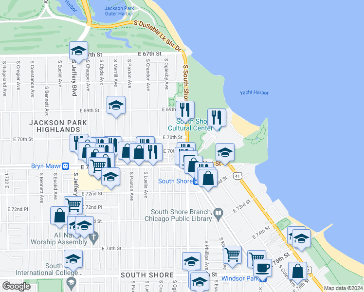 map of restaurants, bars, coffee shops, grocery stores, and more near 7016 South South Shore Drive in Chicago