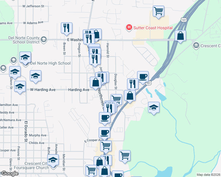 map of restaurants, bars, coffee shops, grocery stores, and more near 610 East Harding Avenue in Crescent City