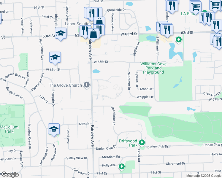 map of restaurants, bars, coffee shops, grocery stores, and more near 7S241 Fairview Avenue in Downers Grove