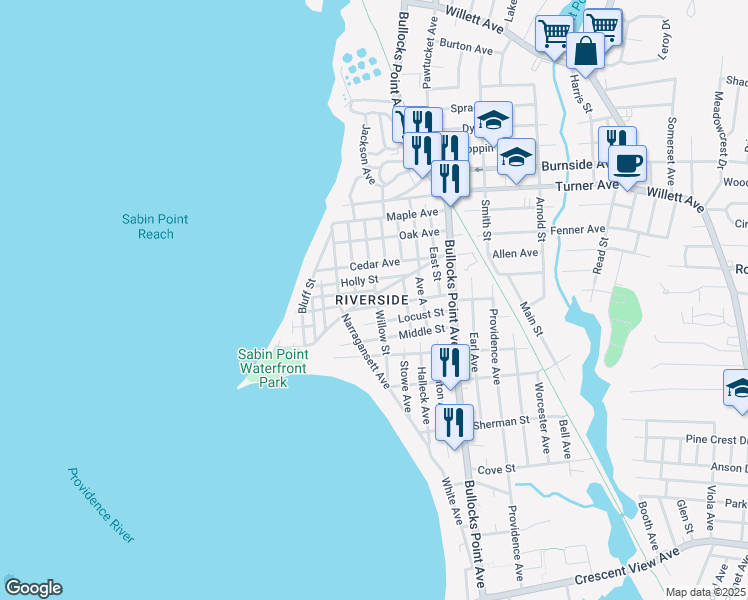 map of restaurants, bars, coffee shops, grocery stores, and more near 65 Shore Road in East Providence
