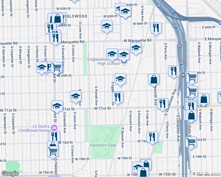 map of restaurants, bars, coffee shops, grocery stores, and more near 6950 South Eggleston Avenue in Chicago