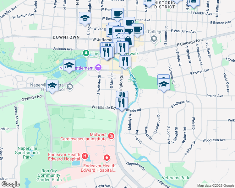 map of restaurants, bars, coffee shops, grocery stores, and more near 615 South Washington Street in Naperville