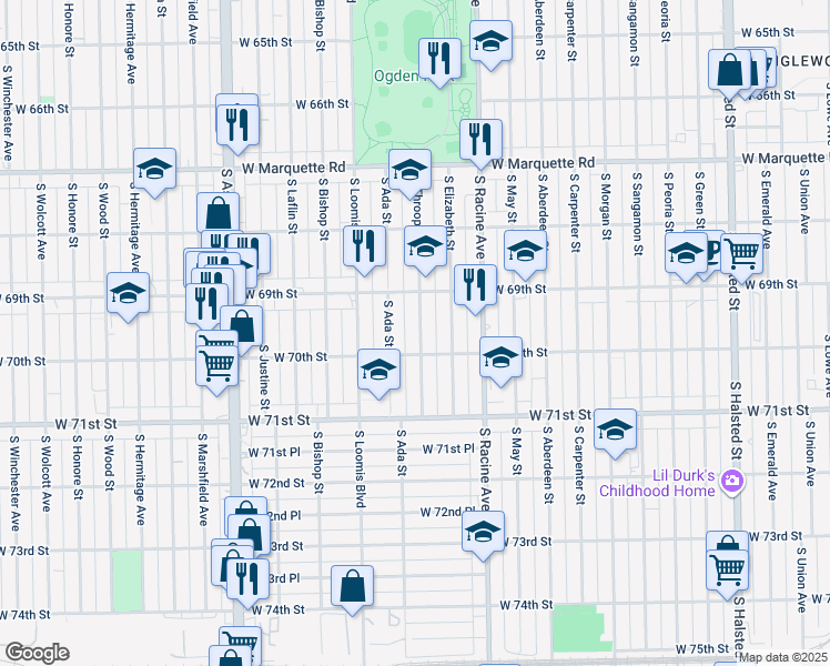 map of restaurants, bars, coffee shops, grocery stores, and more near 6938 South Throop Street in Chicago