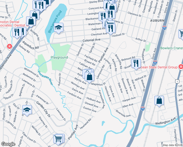 map of restaurants, bars, coffee shops, grocery stores, and more near 1 Mason Avenue in Cranston