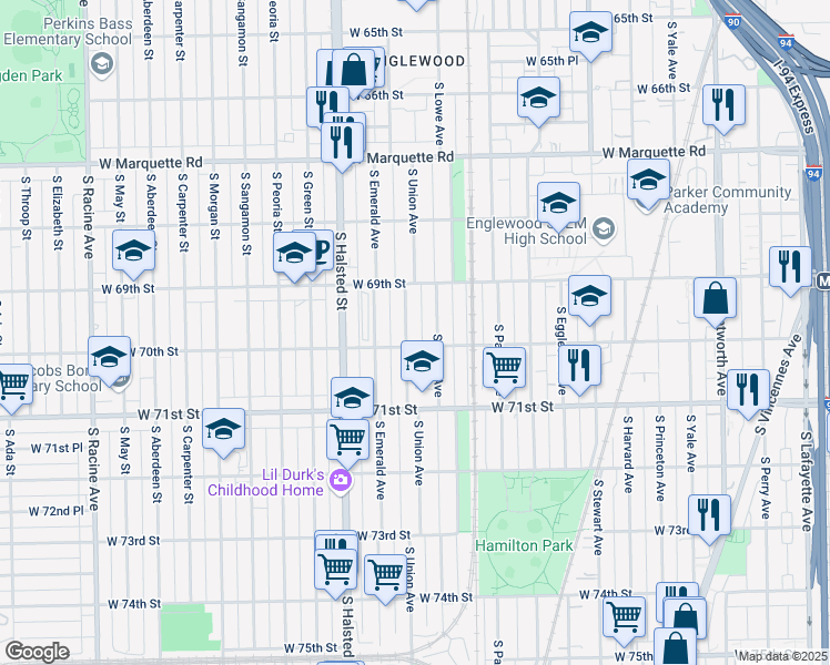 map of restaurants, bars, coffee shops, grocery stores, and more near 6949 South Union Avenue in Chicago
