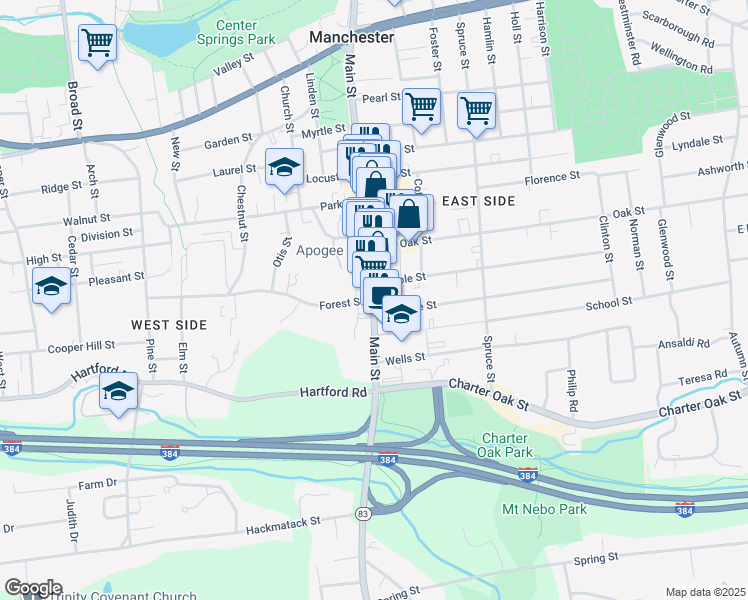 map of restaurants, bars, coffee shops, grocery stores, and more near 212 Connecticut 83 in Manchester