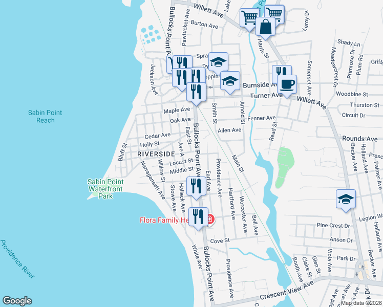 map of restaurants, bars, coffee shops, grocery stores, and more near 366 Bullocks Point Avenue in East Providence