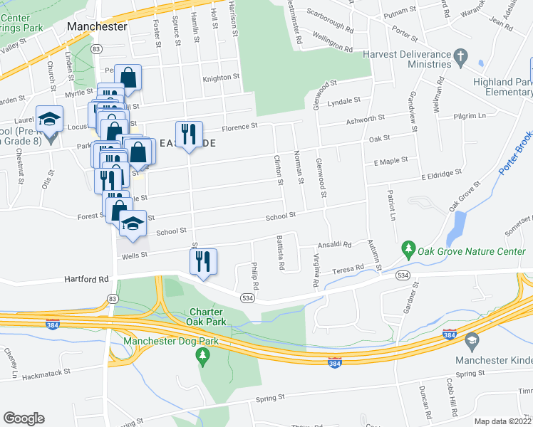 map of restaurants, bars, coffee shops, grocery stores, and more near 189 School Street in Manchester