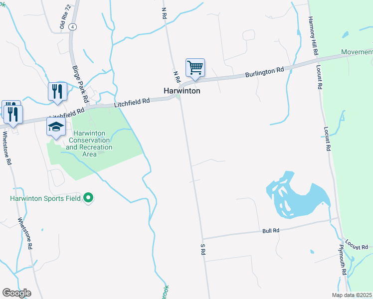 map of restaurants, bars, coffee shops, grocery stores, and more near 21 South Road in Harwinton