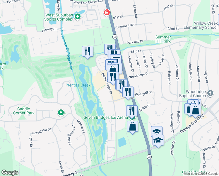 map of restaurants, bars, coffee shops, grocery stores, and more near 6469 Double Eagle Drive in Woodridge