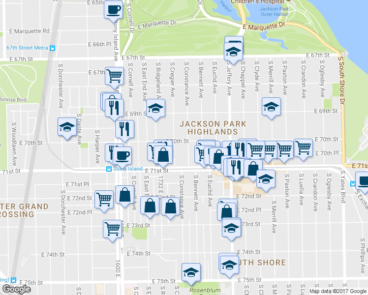 map of restaurants, bars, coffee shops, grocery stores, and more near 7012 South Constance Avenue in Chicago