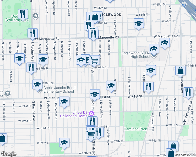 map of restaurants, bars, coffee shops, grocery stores, and more near 6948 South Emerald Avenue in Chicago