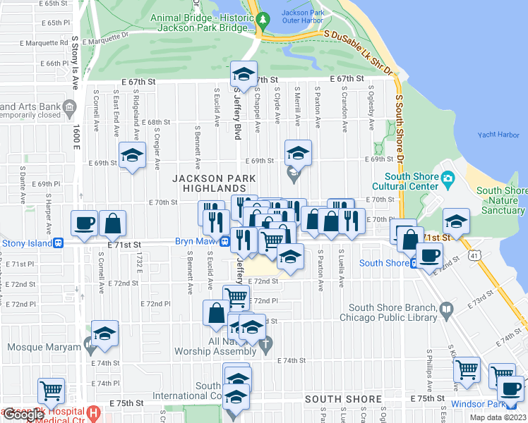 map of restaurants, bars, coffee shops, grocery stores, and more near 7015 South Chappel Avenue in Chicago