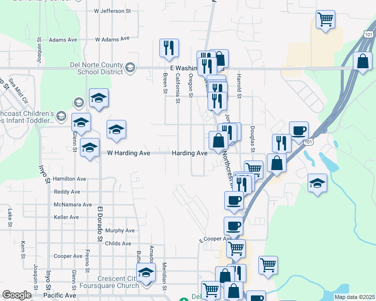 map of restaurants, bars, coffee shops, grocery stores, and more near 1200 Oregon Street in Crescent City