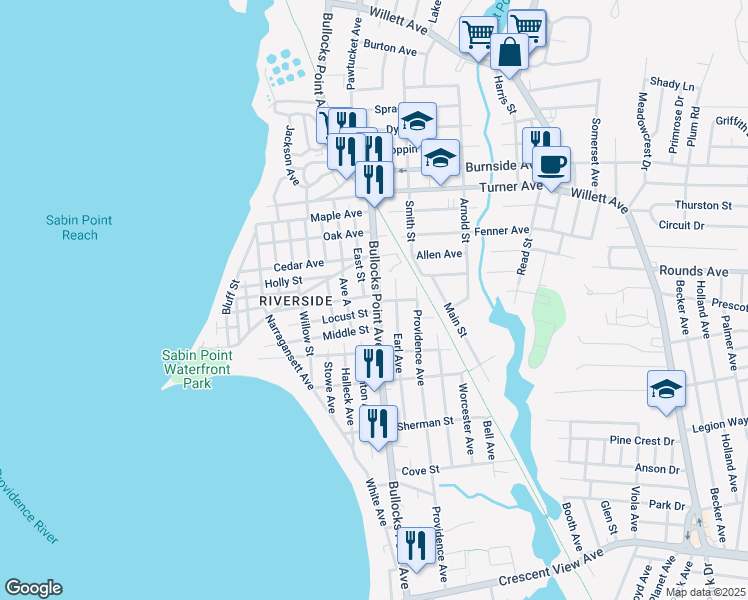 map of restaurants, bars, coffee shops, grocery stores, and more near 366 Bullocks Point Avenue in East Providence